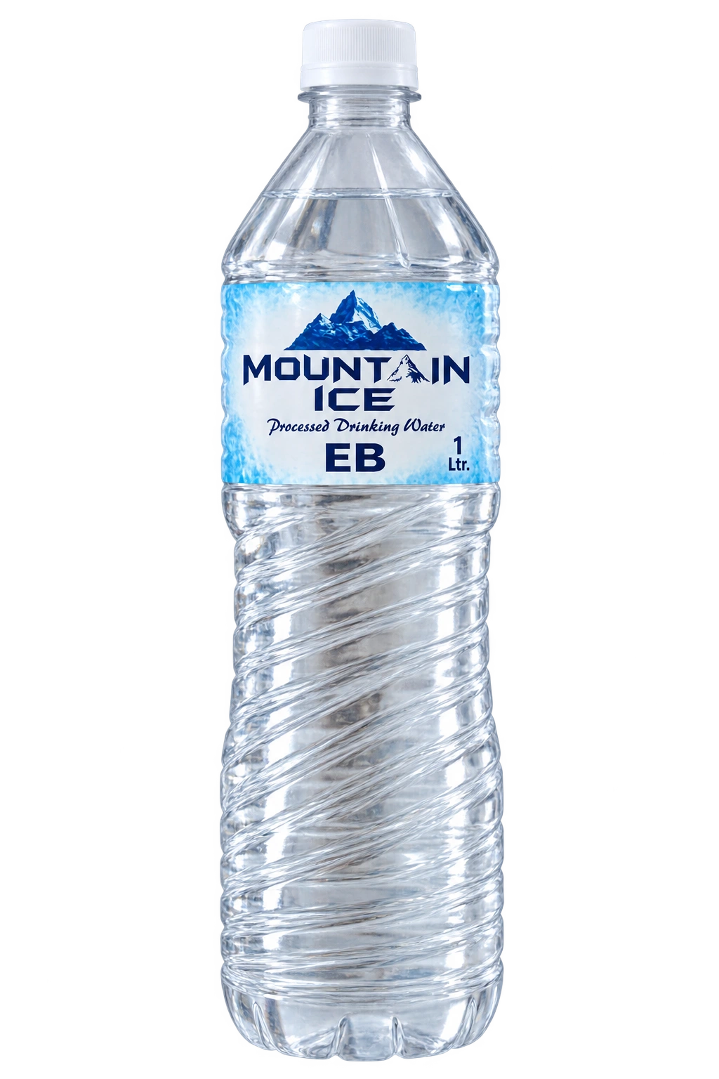 A 1 litre Mountain Ice bottle, filled and sealed.