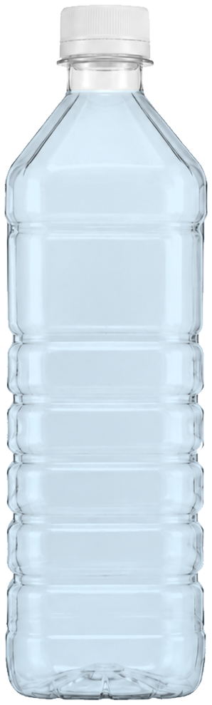 A square Mountain Ice drinking water bottle, filled and sealed.