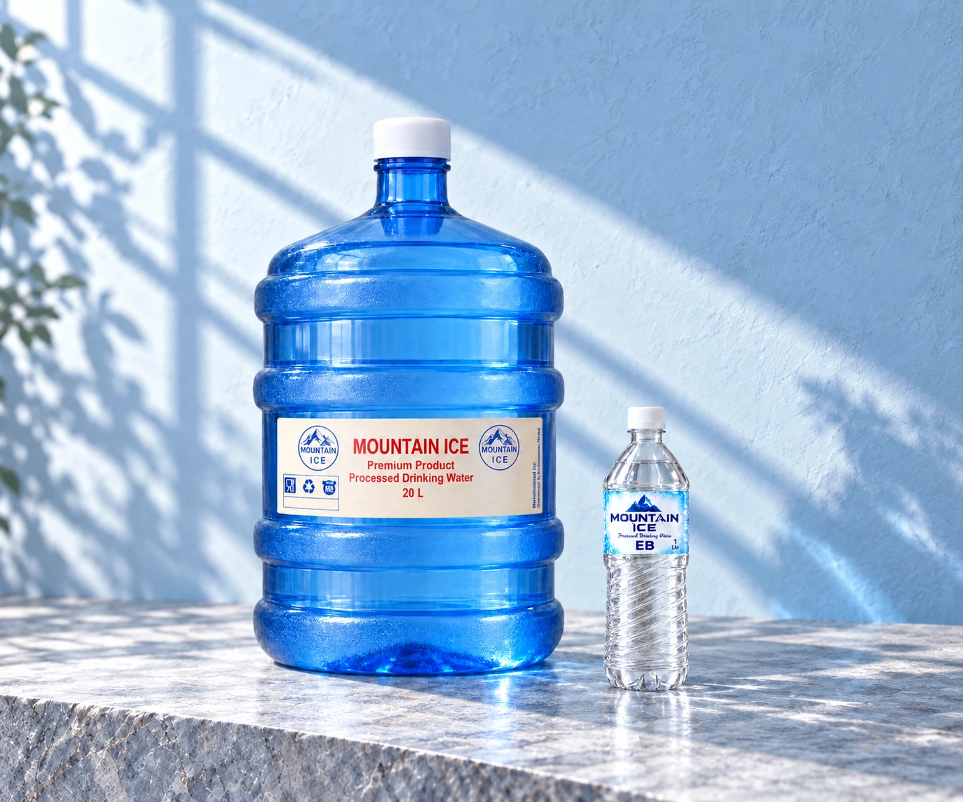 Mountain Ice 20 L jar and 1 L bottle in natural light on a stone ledge